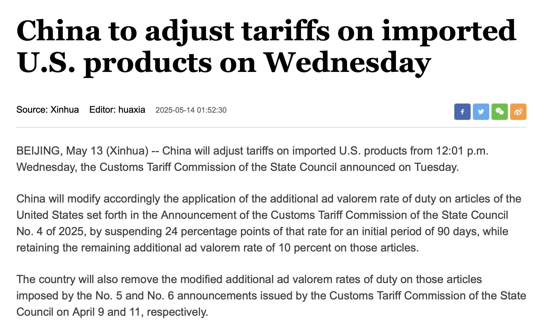 China to adjust tariffs on imported U.S. products on Wednesday