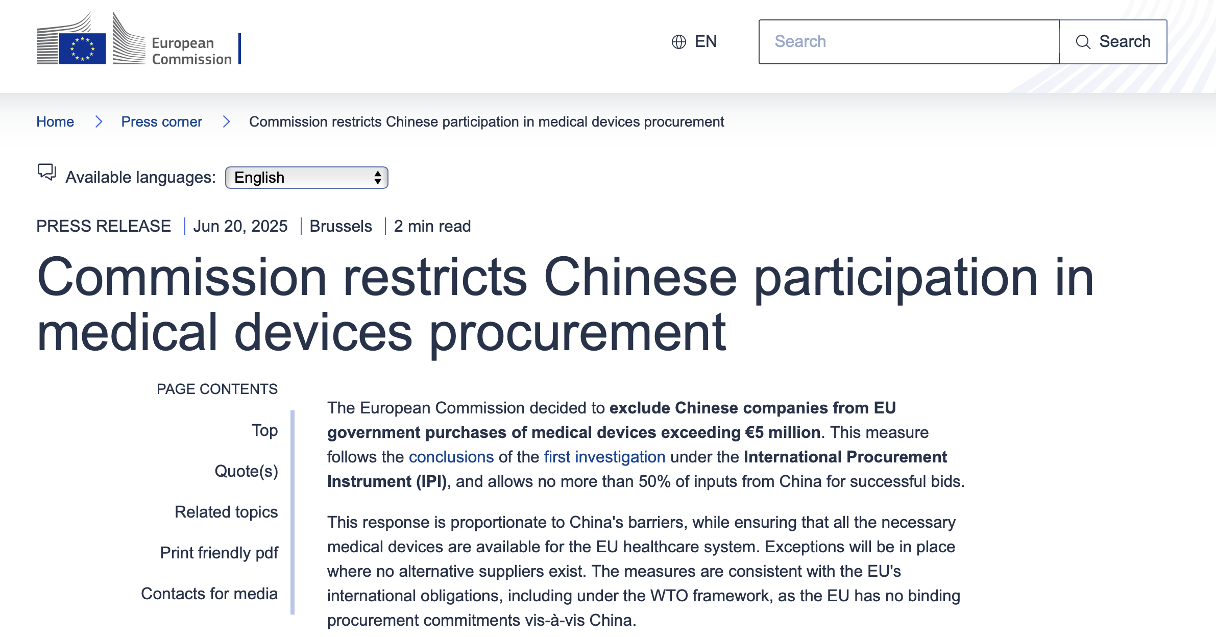 Commission restricts Chinese participation in medical devices procurement